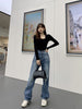 Wash Jeans High Waist Slimming Metal Chain Decorative Trousers 2022 Spring/Autumn Distressed Retro Straight-Leg Pants