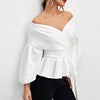 White Black  Lantern Sleeve Women Shirt With Corset Belt Sexy V Neck Blouses Women Long Sleeve Plain Autumn Tops kz275