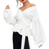 White Black  Lantern Sleeve Women Shirt With Corset Belt Sexy V Neck Blouses Women Long Sleeve Plain Autumn Tops kz275