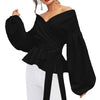White Black  Lantern Sleeve Women Shirt With Corset Belt Sexy V Neck Blouses Women Long Sleeve Plain Autumn Tops kz275