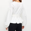 White Black  Lantern Sleeve Women Shirt With Corset Belt Sexy V Neck Blouses Women Long Sleeve Plain Autumn Tops kz275