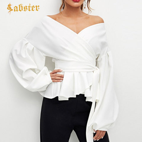 White Black  Lantern Sleeve Women Shirt With Corset Belt Sexy V Neck Blouses Women Long Sleeve Plain Autumn Tops kz275