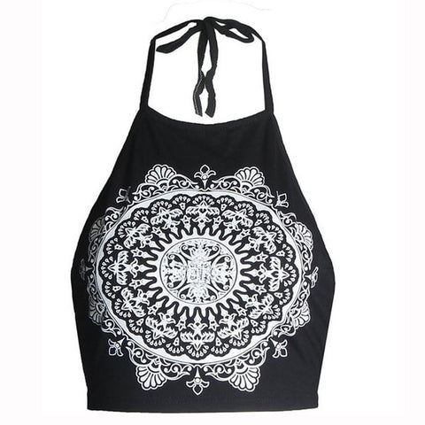 Fashion White/Black Women Backless Sexy Cropped Tops Mandala Printed Sleeveless Halter Neck Tank Crop Tops Vest T Shirt HO858748