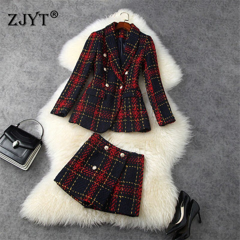 Winter Lady Business Office Party Outfit Women Lolita Vintage Plaid Tweed Woolen Blazer Suit with Shorts Set 2 Piece