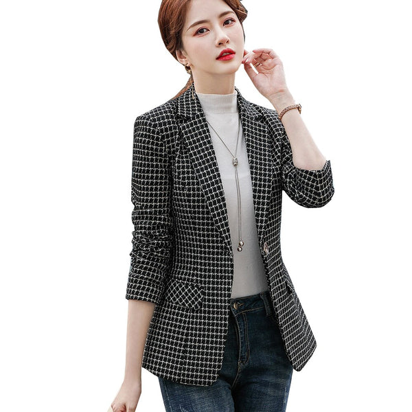 Woman Beige Black Plaid Blazer Coat For Spring Autumn Winter Female Outwear Casual Single Button Jackets