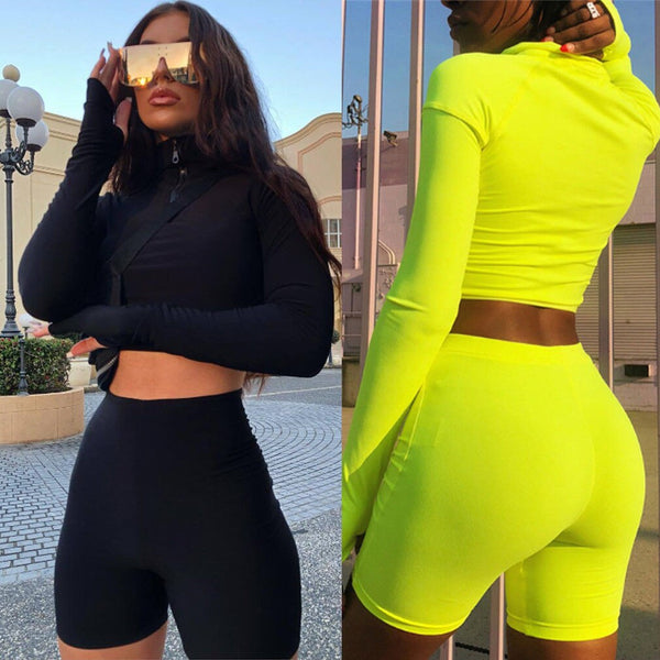 Women 2Pcs Tracksuit Sweatshirt Casual Sporting Suit Set Slim Fit Long Sleeve Crop Top High Waist Short Clothes Sets