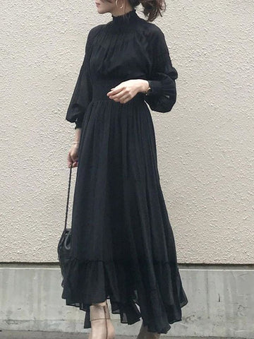 Women Black Dress Long Sleeve Ruffle A Line High Waisted Female Korean One Piece Sweet Office Lady Spring Maxi Dress