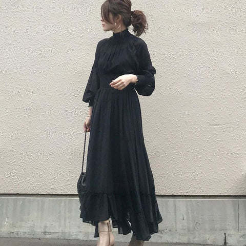 Women Black Dress Long Sleeve Ruffle A Line High Waisted Female Korean One Piece Sweet Office Lady Spring Maxi Dress