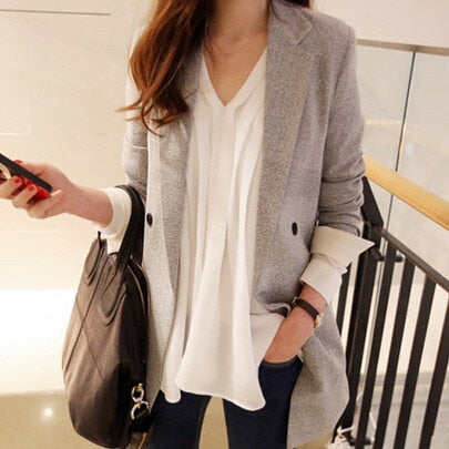 Fashion Women Blazers,Spring Casual Korean Slim Double-breasted Medium-Long Small suit