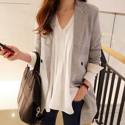 Fashion Women Blazers,Spring Casual Korean Slim Double-breasted Medium-Long Small suit