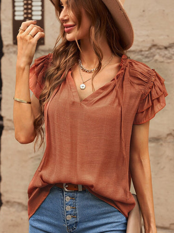 Women Blouse Summer Ruffled Chiffon Shirt Short Sleeve Office Ladies Elegant Tops Casual V Neck String Blouse Shirt