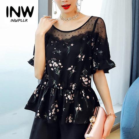 Fashion Women Blouses Shirts Floral Chiffon Blouse Womens Peplum Tops Summer Large Size Blusa Feminino Mesh Patchwork Shirt