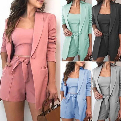Women Clothing Blazer Sexy Slash Neck Office Long Sleeve Suit Coat+Skirt Set Pink Blazer