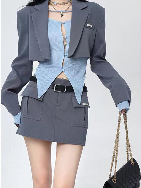 Women Crop Blazer Skirt Suits With Blouse Girl Skirts Korea Short Skirt Blouse Blazer Y2k Ladies 3 Pieces Set