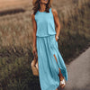 Women Elegant Boho Dress Sexy Summer Sleeveless O-neck Solid Fork Open Dress Split Long Tank Loose Sundress 2022 Female