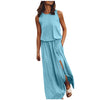 Women Elegant Boho Dress Sexy Summer Sleeveless O-neck Solid Fork Open Dress Split Long Tank Loose Sundress 2022 Female