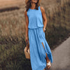 Women Elegant Boho Dress Sexy Summer Sleeveless O-neck Solid Fork Open Dress Split Long Tank Loose Sundress 2022 Female