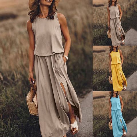 Women Elegant Boho Dress Sexy Summer Sleeveless O-neck Solid Fork Open Dress Split Long Tank Loose Sundress 2022 Female