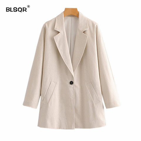 Fashion Women Elegant Linen Loose Blazer Pockets Single Button Long Sleeve Oversized Outerwear Female Casual Wear Chic Tops