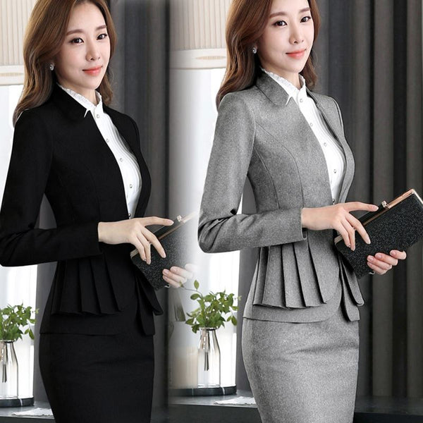 Women  Elegant Ruffle Office Uniform Skirt Suit Autumn Full Sleeve Blazer Jacket+Skirt 2 Pieces Female Work Skirt Suits