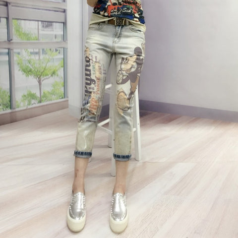 Fashion Women Fashion Cartoon printed Bronzing Jeans Female Fashion Hole Denim harem Pants Woman Skinny Ripped Girls Trousers