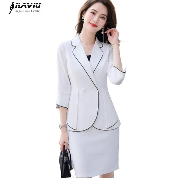 Women Formal Suit 2022 Summer White Temperament Half Sleeve Blazer and Skirt Office Ladies Business Work Wear