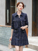 Women Girl Skirt Suit Blue White Casual Short Single Breasted Plaid Blazer Jacket Two Piece Set