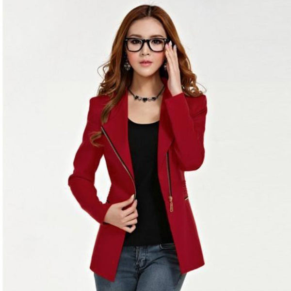 Women Jacket Long Sleeve Top Office Lady Zipper Blazer Suit Slim Fit Lapel Jacket Tops Coat Polyester Formal Outwear