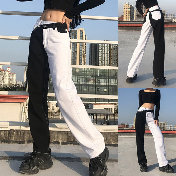 Women Jeans All-Match Patchwork Pants ontrast Stitching Streetwear Casual Straight-Leg Jeans Black and White Jean Femme