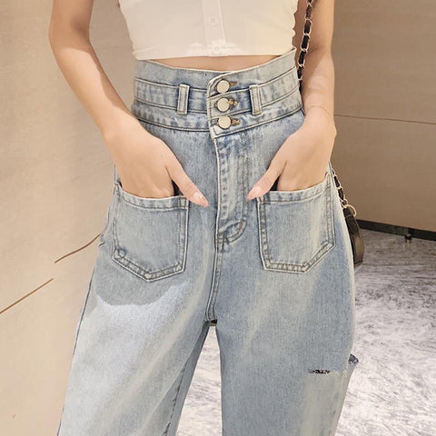 Women Jeans Pants Leisure Loose Streetwear Vintage Blue High Waist Harajuku Hole Straight Pants Ripped Denim Clothing