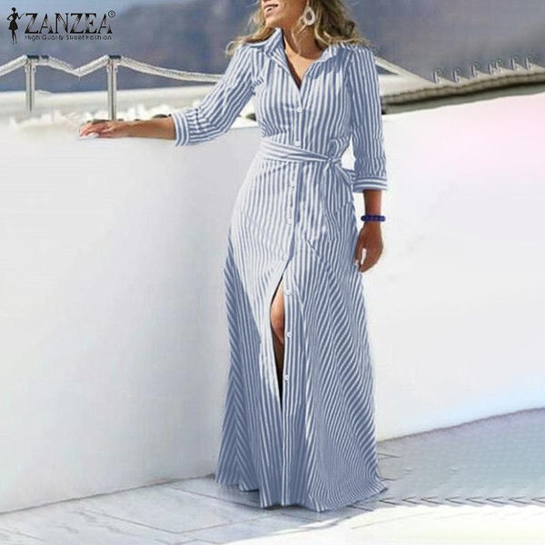 Women Lapel Neck Striped Dress ZANZEA Autumn Long Sleeve Buttons Maxi Long Dress Elegant Shirt Vestidos Femme Sundress