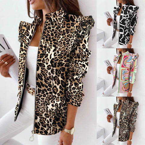 Women Leopard Print Coats Jackets Autumn Stand Collar Zipper Ruffle Long Sleeve Jacket Casual Blazer Cardigan Outerwear