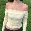Women Off Shoulder T-shirt Autumn Chic Long Sleeve Crop Tops Female Solid Slim Elegant White Tees Retro Y2K Harajuku Top