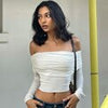 Women Off Shoulder T-shirt Autumn Chic Long Sleeve Crop Tops Female Solid Slim Elegant White Tees Retro Y2K Harajuku Top