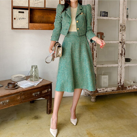 Women Office Lady Vintage Single-breasted Long Sleeve Short Blazer Coat Suit Jacket High Waist A-Line Skirt 2 Pieces Set