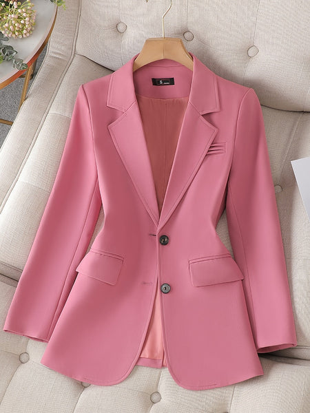 Women Pink Coffee Black Solid Blazer Female Long Sleeve Single Breasted Straight Jacket Coat Ladies