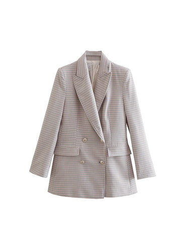 Women Plaid Grey Tweed Flap Pockets Blazer Jacket 2023 Office Lady Double Breasted Long Sleeve Vintage Female Coats