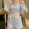 Women Playsuit Short Puff Sleeve Waist Tight Off Shoulder Floral Print Jumpsuit Romper Office Summer Shorts monos mujer