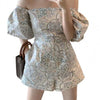 Women Playsuit Short Puff Sleeve Waist Tight Off Shoulder Floral Print Jumpsuit Romper Office Summer Shorts monos mujer