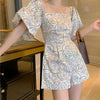 Women Playsuit Short Puff Sleeve Waist Tight Off Shoulder Floral Print Jumpsuit Romper Office Summer Shorts monos mujer