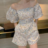 Women Playsuit Short Puff Sleeve Waist Tight Off Shoulder Floral Print Jumpsuit Romper Office Summer Shorts monos mujer
