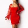 Women Sexy Mesh Puff Long Sleeve Bodycon Mini Dress Elegant Ruffles Bandage Party Club Ladies Dresses Streetwear