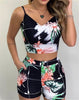 Women Shorts Suits 2Pieces Sets Summer Office Lady Floral Strap Tank Crop Top+High Waist Button Shorts Female Outfits