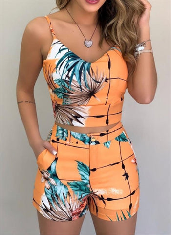 Women Shorts Suits 2Pieces Sets Summer Office Lady Floral Strap Tank Crop Top+High Waist Button Shorts Female Outfits