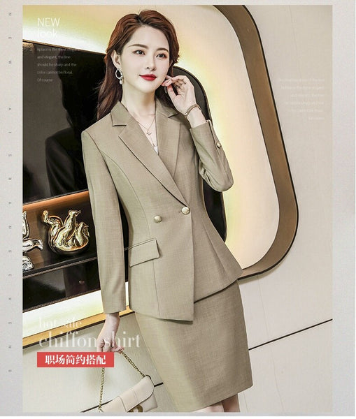 Women Skirt Suits Khaki Blazer and Jacket Sets Office Ladies Work Wear Business Beauty Salon Uniform