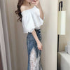 Women Skirt Suits Loose Slash Neck Crop Tops Blouses and Slim Lace Denim Spliced Skirts Suits Sets Party Clothing NS965