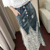 Women Skirt Suits Loose Slash Neck Crop Tops Blouses and Slim Lace Denim Spliced Skirts Suits Sets Party Clothing NS965
