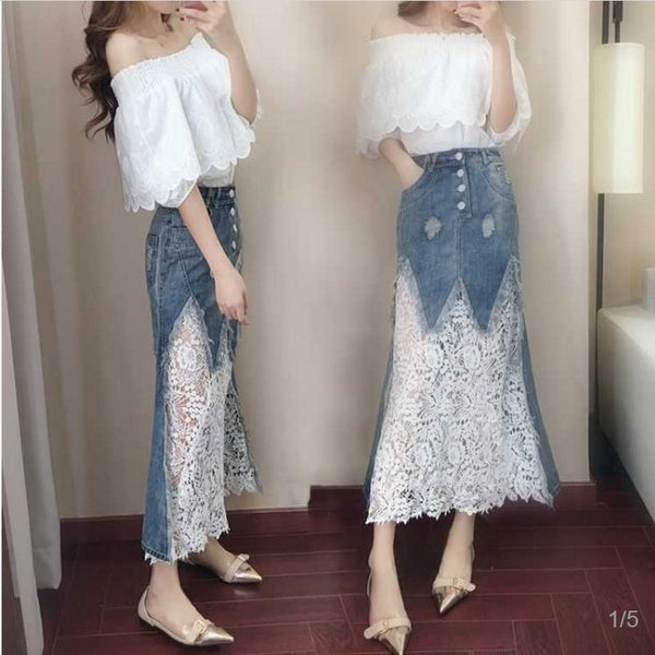 Women Skirt Suits Loose Slash Neck Crop Tops Blouses and Slim Lace Denim Spliced Skirts Suits Sets Party Clothing NS965