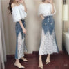 Women Skirt Suits Loose Slash Neck Crop Tops Blouses and Slim Lace Denim Spliced Skirts Suits Sets Party Clothing NS965