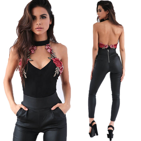 Fashion Women Sleeveless V-Neck Sexy Hot Fashion Casual Pullover Fashion Floral Tops Bodysuit Jumpsuit Leotard Crop Tops